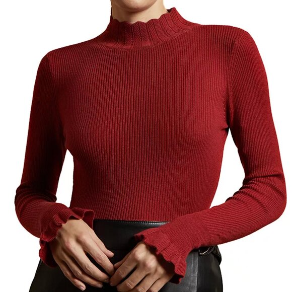 Ted Baker Scalloped Mock Neck Sweater Ruffle Cuff Albaai Red Rust Size 1 - Picture 1 of 10